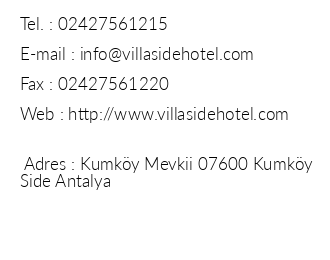 Villa Side Hotel iletiim bilgileri